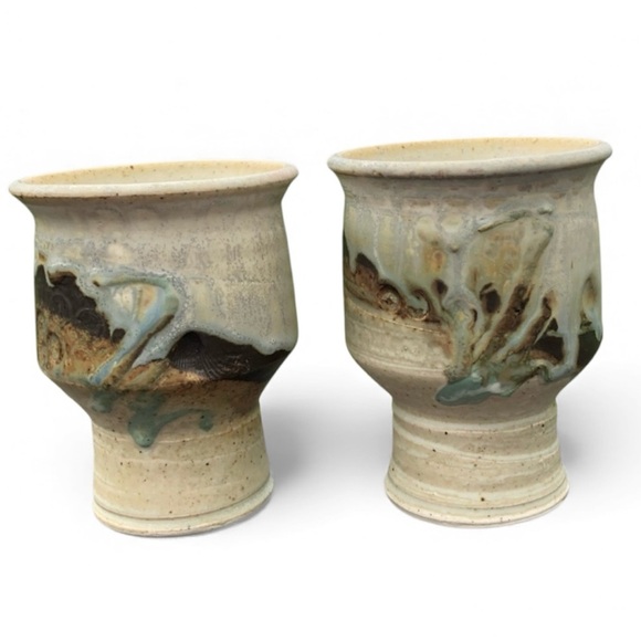 Other - Artist Signed 2 Studio Pottery Goblets Cups - Creamy Tan Brown Blue Green Glaze